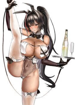 1girl absurdres animal_ear_hairband animal_ears bare_shoulders bay_(nikke) bay_(radiant_rabbit)_(nikke) black_bow black_bowtie black_choker black_gloves black_hair black_wrist_cuffs blush bodice bottle bow bowtie breast_curtains breasts choker cleavage closed_mouth coda_(simon1995) commentary covered_navel cowboy_shot cup dark-skinned_female dark_skin elbow_gloves fake_animal_ears gloves goddess_of_victory:_nikke groin hair_between_eyes hair_intakes hairband high_heels high_ponytail highres holding holding_own_leg holding_tray large_breasts leg_lift leg_up leotard lock long_hair mole mole_on_stomach mole_under_mouth multicolored_hair official_alternate_costume padlock playboy_bunny ponytail rabbit_ear_hairband rabbit_ears red_hair see-through_clothes see-through_leotard see-through_thighhighs side-tie_leotard sidelocks simple_background skindentation solo split standing standing_on_one_leg standing_split streaked_hair tan tanline thighhighs tray white_background white_thighhighs wrist_cuffs