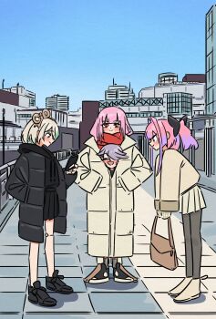 4girls :d ^_^ absurdres bag black_bow black_coat black_hoodie black_pantyhose black_shoes black_skirt blue_sky blush_stickers bow building cecilia_immergreen closed_eyes coat commentary day doll_joints drawstring green_hair grey_hair hair_bow hair_over_one_eye hands_in_pockets hashtag-only_commentary highres holding holding_bag holding_phone hololive hololive_dev_is hololive_english hood hoodie joints kikirara_vivi klefpto koseki_bijou long_sleeves mori_calliope multicolored_hair multiple_girls one_eye_covered open_mouth outdoors pantyhose phone pink_hair pleated_skirt purple_hair red_scarf scarf shared_clothes shoes short_hair skirt sky smile symbol-only_commentary twintails two-tone_hair virtual_youtuber white_coat white_hair white_shoes white_skirt winding_key