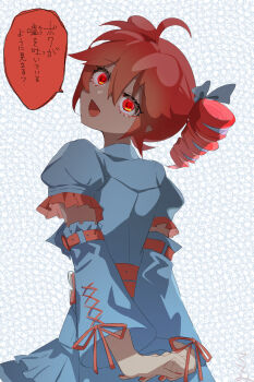 1girl ahoge blue_dress bow commentary_request cowboy_shot crazy crazy_eyes detached_sleeves double-parted_bangs dress drill_hair from_behind hair_bow highres kasane_teto kasane_teto_(sv) long_sleeves looking_at_viewer pleated_skirt puffy_short_sleeves puffy_sleeves red_eyes red_hair short_sleeves skirt skirt_set smile solo synthesizer_v torino_sasami translation_request twin_drills twintails utau