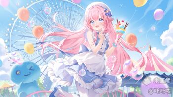 Rule 34 | > <, 1girl, :3, absurdres, air bubble, apron, artist name, balloon, belt, beret, bird, blue eyes, blue shoes, blue sky, blush, bow, bracelet, bubble, circus, clenched hand, cloud, day, dress, fence, ferris wheel, food, frilled dress, frilled sleeves, frills, gazebo, hair between eyes, hair bow, hair spread out, hand on own chest, hat, highres, holding, holding food, holding ice cream, ice cream, inflatable toy, inflating, jewelry, kiosk, laughing, long hair, looking to the side, maid apron, mihuashi logo, mihuashi username, original, pantyhose, parfait, pavilion, pink hair, scrunchie, shoes, sky, solo, standing, standing on one leg, sunlight, ttnong, very long hair, white pantyhose, wrist scrunchie