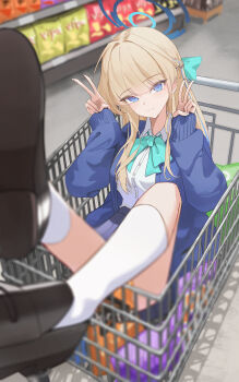 1girl absurdres aqua_bow aqua_bowtie black_shoes blonde_hair blue_archive blue_cardigan blue_eyes blue_halo blue_skirt blue_streaks blurry blush bow bowtie braid breasts buttons cardigan chips_(food) closed_mouth commentary depth_of_field double_v food foreshortening gang_ryeol grocery_store halo highres in_shopping_cart indoors kneehighs legs legs_up long_sleeves looking_at_viewer medium_breasts multicolored_hair official_alternate_costume school_uniform shirt shoe_soles shoes shopping_cart sitting skirt sleeves_past_wrists socks solo streaked_hair thighs toki_(blue_archive) toki_(school_uniform)_(blue_archive) v white_shirt