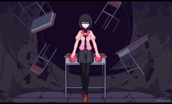 1girl animated animated_gif artist_name black_eyes black_hair black_necktie black_pantyhose black_skirt blinking bob_cut breasts brown_shoes chair closed_mouth colored_inner_hair commentary dark desk english_commentary floating floating_hair floating_neckwear floating_object full_body loafers long_sleeves monogatari_(series) multicolored_hair naoetsu_high_school_uniform necktie oshino_ougi owarimonogatari pantyhose parted_lips pink_shirt pixel_art pleated_skirt puffy_sleeves purple_hair raptorbr rubble scene_reference school_chair school_desk school_uniform shirt shoes short_hair skirt sleeves_past_fingers sleeves_past_wrists small_breasts smile solo spoilers standing the_darkness_(monogatari) tile_floor tiles turtleneck twitter_username two-tone_hair undershirt