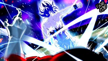 2boys aura commentary_request dragon_ball dragon_ball_super dutch_angle gloves highres jiren male_focus motion_blur multiple_boys muscular muscular_male pov pov_hands ruto830 son_goku topless_male torn_clothes tournament_of_power ultra_instinct white_gloves