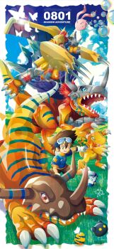 1boy agumon armor blue_shirt botamon brown_shorts bubble bug butterfly digimon digimon_(creature) digimon_adventure digimon_day dinosaur dragon goggles goggles_on_head greymon highres insect koromon lizard medium_hair mountain red_eyes shirt shorts wargreymon yagami_taichi yam_retsu yellow_armor