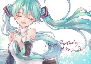 1227ree 1girl absurdres aqua_hair aqua_nails aqua_necktie aqua_trim arm_tattoo bare_shoulders black_skirt blush breasts closed_eyes collared_shirt detached_sleeves hair_between_eyes hair_ornament hand_on_own_chest happy_birthday hatsune_miku highres long_hair long_sleeves medium_breasts necktie number_tattoo open_mouth pleated_skirt shirt simple_background skirt sleeveless sleeveless_shirt smile solo tattoo twintails upper_body very_long_hair vocaloid white_shirt wide_sleeves
