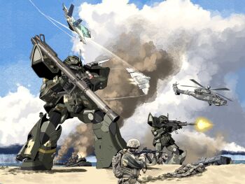4boys aiming aircraft airplane armored_personnel_carrier armored_vehicle assault_rifle bazooka_(gundam) beach blue_sky casing_ejection cloud cloudy_sky combat_helmet commentary day efreet_schneid english_commentary fighter_jet firing gun gundam gundam_unicorn helicopter helmet highres holding holding_gun holding_weapon horns lying mecha mecha_focus mfi_foxglove military_combat_uniform military_uniform military_vehicle mobile_suit motor_vehicle multiple_boys on_stomach one-eyed original outdoors red_eyes redesign rifle robot sand shell_casing single_horn sky smoke soldier standing tank vehicle_request war weapon wreckage