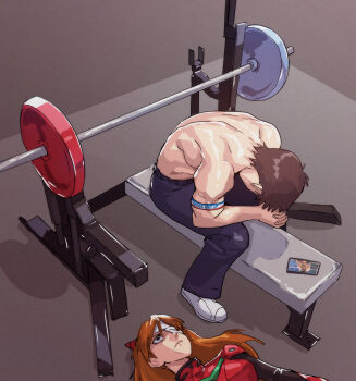1boy 1girl absurdres armband back bandage_over_one_eye bandaged_head bandages barbell black_pants bodysuit breasts brown_hair cellphone cirenk closed_mouth cody_rhodes exercising eyebrows from_above frown full_body gym highres hunched_over ikari_shinji indoors interface_headset_(evangelion) john_cena leaning_forward long_hair looking_up lying mecha_pilot_suit median_furrow medium_breasts meme muscular muscular_male neon_genesis_evangelion on_back on_floor orange_hair own_hands_clasped own_hands_together pants parody phone plugsuit_(evangelion) red_bodysuit shadow shinji_in_a_chair_(meme) shoes short_hair sitting smartphone souryuu_asuka_langley straight_hair topless_male weight_bench weightlifting white_shoes