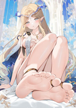 1girl absurdres barefoot blonde_hair blue_eyes blush cartethyia_(wuthering_waves) feet highres long_hair looking_at_viewer parted_lips pointy_ears soles toes wuthering_waves yukineko1018