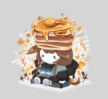 Rule 34 | 1girl, :<, amiya (arknights), animal ears, arknights, blue jacket, blue skirt, blush stickers, brown hair, chibi, chibi only, closed mouth, commentary, food, food on head, full body, grey background, highres, jacket, long hair, long sleeves, object on head, pancake, pancake stack, rabbit ears, rabbit girl, shoes, sitting, skirt, solid oval eyes, solo, symbol-only commentary, thatpebble, white shoes