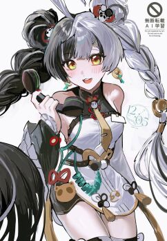 1girl :d bare_shoulders black_hair blush braid breasts china_dress chinese_clothes corded_phone cowboy_shot detached_sleeves dialyn_(zenless_zone_zero) dress earrings frilled_sleeves frills hair_ornament hairclip hashtag-only_commentary highres holding holding_phone id_card jewelry long_hair looking_at_viewer medium_breasts multicolored_hair necktie nongxy_nonshi open_mouth panda_hair_ornament phone red_nails revision simple_background smile solo split-color_hair teeth tongue twin_braids twintails twitter_username upper_teeth_only very_long_hair watermark white_background white_dress white_hair wire yellow_eyes yellow_necktie zenless_zone_zero