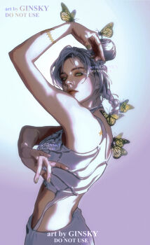 1girl absurdres arm_up artist_name birthmark braid chinese_commentary commentary_request crop_top from_side ginsky2000 gradient_background green_eyes green_nails grey_hair grey_tank_top hair_bun highres joestar_birthmark jojo_no_kimyou_na_bouken kuujou_jolyne looking_at_viewer looking_to_the_side nail_polish parted_lips simple_background solo stone_ocean tank_top upper_body watermark