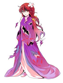 1girl alphes_(style) bow coat commentary_request dairi defeat floral_print full_body hair_between_eyes hair_bow hand_up highres japanese_clothes kimono kotohime_(touhou) large_variant_set long_hair long_sleeves low-tied_long_hair open_clothes open_coat parody purple_coat red_hair shaded_face solo standing style_parody tachi-e torn_clothes touhou touhou_(pc-98) transparent_background v_arms variant_set white_kimono wide_sleeves yellow_bow