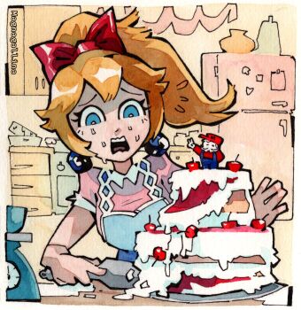 1girl accident apron artist_name baking blonde_hair blue_apron blue_eyes blue_gem bow bright_pupils cake cherry clumsy commentary cutting earrings english_commentary failure figure flying_sweatdrops food fruit gem hair_bow highres holding holding_knife indoors jewelry kitchen kitchen_knife kitchen_scale knife leaning_to_the_side looking_at_food magnagallina mario mario_(series) medium_hair nervous_sweating nintendo open_mouth painting_(medium) peace_symbol pink_shirt ponytail princess_peach red_bow shaded_face shirt solo sphere_earrings surprised sweat t-shirt traditional_media upper_body v watercolor_(medium) weighing_scale white_pupils