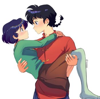 1boy 1girl arms_around_neck black_hair blue_eyes blue_hair blue_pants blush braid brown_eyes brown_skirt carrying chinese_clothes couple green_shirt grey_thighhighs hair_between_eyes hetero highres looking_at_another no_shoes pants parted_bangs princess_carry ranma_1/2 red_shirt saotome_ranma shirt short_hair short_hair_with_long_locks single_braid skirt steffybs tendou_akane thighhighs twitter_username white_background