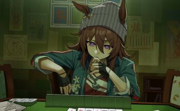 Rule 34 | 1girl, animal ears, beanie, black gloves, blue coat, blush, breasts, brown hair, candy, chair, closed mouth, coat, commentary, dice, dice necklace, dice pendant, ears through headwear, fingerless gloves, food, food in mouth, franz2543, gloves, grey hat, hair between eyes, hat, horse ears, horse girl, jacket, jewelry, lollipop, lollipop in mouth, long hair, long sleeves, mahjong, mahjong table, mahjong tile, nakayama festa (shichuukyuukatsu) (umamusume), nakayama festa (umamusume), necklace, on chair, purple eyes, red shirt, shirt, sitting, small breasts, table, umamusume