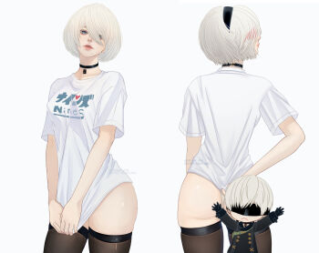 1boy 1girl 2b_(nier:automata) 9s_(nier:automata) black_choker black_gloves black_hairband black_jacket blindfold breasts brown_thighhighs choker collarbone gloves grey_eyes hairband highres jacket large_breasts long_sleeves looking_at_viewer mitsuki_nite mole mole_under_mouth nier:automata nier_(series) panties parted_lips shirt short_hair short_sleeves simple_background skindentation thighhighs translation_request underwear white_background white_hair white_panties white_shirt