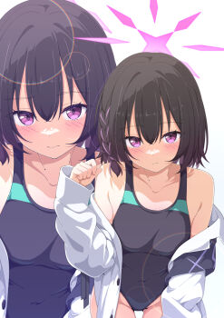 1girl absurdres black_hair black_jacket black_one-piece_swimsuit blue_archive competition_swimsuit cosplay halo highres jacket kame_(nokonoko10271) looking_at_viewer multiple_views one-piece_swimsuit purple_eyes purple_halo shiroko_(blue_archive) shiroko_(blue_archive)_(cosplay) shiroko_(swimsuit)_(blue_archive) short_braid short_hair subaru_(blue_archive) swimsuit zoom_layer