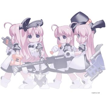 4girls ahoge apron black_bow black_bowtie black_dress bow bowtie clone closed_mouth commentary_request copyright_notice dot_mouth dress drill_hand expressionless facing_away flail footwear_bow frilled_apron frills full_body gloves hammer headgear hoihoi-san holding holding_flail holding_hammer holding_weapon ichigeki_sacchuu!!_hoihoi-san long_hair looking_at_another multiple_girls official_art over_shoulder pink_hair pointy_ears puffy_short_sleeves puffy_sleeves purple_eyes short_sleeves sidelocks simple_background tanaka_kunihiko walking weapon weapon_over_shoulder white_apron white_background white_footwear white_gloves