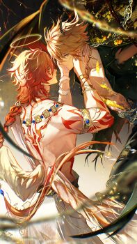 Rule 34 | 2boys, absurdres, ancient greek clothes, angel, angel wings, arm tattoo, armlet, back tattoo, black shirt, blonde hair, braid, braided ponytail, chinese commentary, chiton, commentary request, cracked skin, facial tattoo, gradient hair, greco-roman clothes, halo, hands on another's face, highres, honkai: star rail, honkai (series), horns, jewelry, long hair, male focus, medium hair, multicolored hair, multiple boys, mydei (honkai: star rail), open clothes, open shirt, phainon (honkai: star rail), phainon (khaslana) (honkai: star rail), profile, qiaose33912, red hair, red tattoo, sheep boy, sheep horns, shirt, short hair, side braid, spiked hair, tattoo, torn clothes, torn shirt, very long hair, white wings, wings, yellow blood, yellow eyes