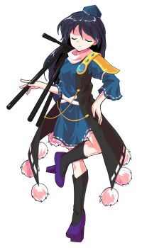 1girl alphes_(style) black_socks blue_dress blue_hair blue_shoes coat commentary_request dairi dress frilled_dress frills full_body gem geta hat holding holding_tripod iizunamaru_megumu kneehighs large_variant_set long_hair parody pointy_ears pom_pom_(clothes) purple_sandals ribbon_trim sandals shoes shoulder_guard sleeveless sleeveless_coat socks solo standing style_parody tachi-e tengu tengu-geta tokin_hat touhou transparent_background tripod variant_set