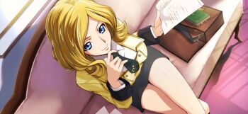 1girl artist_request bag black_skirt blonde_hair blue_eyes book bookmark breasts buttons closed_mouth code_geass code_geass:_lost_stories collared_shirt couch crossed_legs double-breasted dutch_angle female_focus from_above game_cg green_necktie hand_on_own_chin hands_up happy highres holding holding_paper indoors jacket layered_sleeves long_sleeves looking_at_viewer looking_up medium_breasts medium_hair milly_ashford miniskirt necktie non-web_source official_art on_couch paper pencil_skirt school_uniform shiny_skin shirt sidelocks sitting skirt smile solo stroking_own_chin thighs v-shaped_eyebrows white_shirt yellow_jacket