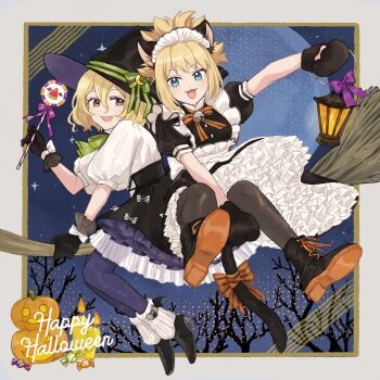 2girls :3 alternate_costume animal_ears animal_hands black_dress black_gloves blonde_hair blue_eyes boots bow bowtie broom broom_riding brown_eyes candy cat_ears cat_paws cat_tail commentary dr._stone dress food frills gloves halloween halloween_costume happy_halloween hat highres holding holding_candy holding_food holding_lantern jack-o&#039;-lantern kani_diggy kohaku_(dr._stone) lantern lollipop looking_at_viewer maid maid_headdress moon multiple_girls open_mouth orange_bow orange_bowtie orange_ribbon pantyhose paw_gloves petticoat ponytail puffy_short_sleeves puffy_sleeves ribbon short_hair short_sleeves skirt smile suika_(dr.stone) symbol-only_commentary tail tail_ornament witch_hat