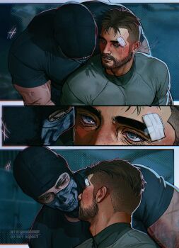 2boys black_hair black_shirt blue_eyes call_of_duty call_of_duty:_modern_warfare_2 facepaint facial_hair ghost_(modern_warfare_2) green_shirt highres looking_at_another male_focus mask multiple_boys shirt short_hair skull_mask soap_(modern_warfare_2) twitter_username umikochannart yaoi