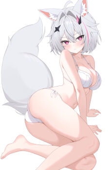 1girl absurdres animal_ears barefoot bikini breasts commentary_request evil_butterfly fox_ears fox_girl fox_tail grey_hair highres large_breasts looking_at_viewer lying multicolored_hair navel on_side original pink_eyes pink_hair reclining scowl short_hair shuriken_hair_ornament stomach streaked_hair swimsuit tail white_bikini