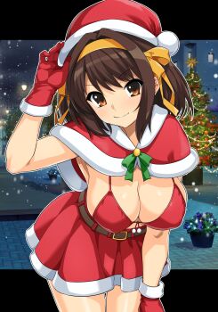 1girl absurdres arm_up armpits belt bent_over bikini bikini_top_only breasts brown_eyes brown_hair capelet christmas_tree cleavage commentary_request cropped_legs gloves hair_ribbon haruhisky hat highres large_breasts looking_at_viewer night outdoors pleated_skirt red_bikini red_capelet red_gloves red_skirt ribbon santa_hat short_hair skirt smile solo suzumiya_haruhi suzumiya_haruhi_no_yuuutsu swimsuit