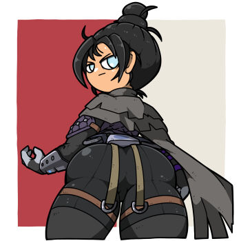 1girl :| apex_legends ass black_bodysuit black_hair blue_eyes bodysuit closed_mouth from_behind grey_scarf hair_bun highres looking_back name_omoitukan2 scarf short_hair single_hair_bun solo wraith_(apex_legends)