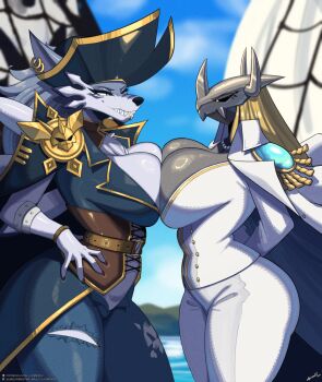2girls belt blackwargreymon breast_press breasts cape digimon digimon_(creature) furry furry_female looking_at_viewer lyorenth multiple_girls pirate symmetrical_docking weregarurumon