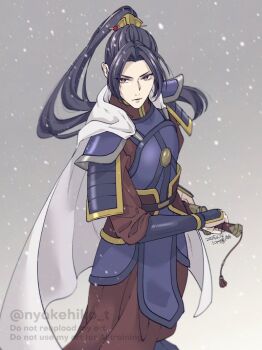 1boy armor black_hair breastplate cape chinese_armor chinese_clothes chinese_hairpin closed_mouth cowboy_shot grey_background highres holding holding_sword holding_weapon jinshi_(kusuriya_no_hitorigoto) kusuriya_no_hitorigoto long_hair male_focus parted_bangs ponytail purple_eyes shoulder_armor snowing solo sword takehide twitter_username weapon white_cape