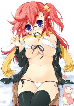 1girl ano_natsu_de_matteru areola_slip arm_support bikini bikini_top_pull black-framed_eyewear black_coat black_thighhighs blue_eyes boots breasts breasts_squeezed_together brown_boots cleavage coat commentary_request fingernails fringe_trim glasses groin hair_between_eyes hair_ornament hand_up knees_out_of_frame large_breasts long_hair long_sleeves looking_at_viewer navel o-ring o-ring_bikini o-ring_top one_side_up open_clothes open_coat outdoors pulling_own_clothes red_hair scarf shiny_skin side-tie_bikini_bottom sitting snow snowing solo star_(symbol) star_hair_ornament stomach swimsuit takatsuki_ichika tareme thigh_gap thighhighs watsuki_ayamo white_bikini wide_sleeves winter yellow_scarf