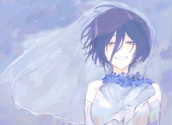 1girl black_hair blue_flower bouquet chainsaw_man commentary dress english_commentary flower green_eyes grenade_pin holding holding_bouquet ic6pid reze_(chainsaw_man) see-through_clothes see-through_veil short_hair sleeveless sleeveless_dress smile solo veil white_dress