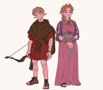 Rule 34 | 1boy, 1girl, bangle, bow (weapon), bracelet, cloak, commentary, dress, english commentary, greco-roman clothes, hand wraps, jewelry, laurel crown, link, looking at viewer, nintendo, pink dress, pointy ears, princess zelda, pteruges, rivaeri, roman clothes, sandals, smile, the legend of zelda, tunic, weapon