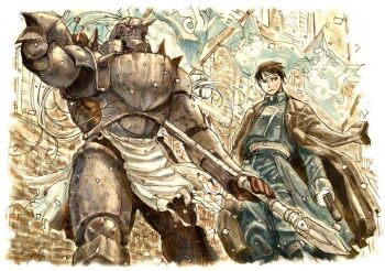 2boys alphonse_elric apron armor arrow_(projectile) black_eyes black_hair building confetti flag full_armor fullmetal_alchemist gun jacket jacket_on_shoulders kiwakiwa military military_uniform multiple_boys roy_mustang serious weapon