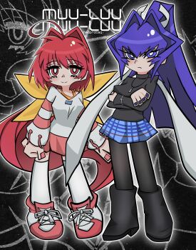 Rule 34 | 2girls, absurdres, ahoge, black background, black boots, black pantyhose, black sweater, blue skirt, boots, chibi, chibi only, crossed arms, frown, full body, gradient outline, hair between eyes, hair intakes, hedprotag, highres, jewelry, kagami sumika, long hair, long sleeves, looking at viewer, mitsurugi meiya, multiple girls, muv-luv, nail polish, necklace, outline, pantyhose, plaid clothes, plaid skirt, ponytail, purple hair, red hair, shoes, short hair, skirt, smile, sneakers, sweater, thighhighs, tsurime, turtleneck, turtleneck sweater, white outline, white thighhighs, zoom layer
