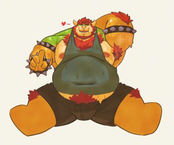Rule 34 | 1boy, absurdres, arm hair, arm up, armlet, armpit hair, armpits, bara, beard, belly, bowser, bracelet, bulge, chest hair, facial hair, fat, fat man, furry, furry male, heart, highres, himb0 bread, horns, jewelry, leg hair, looking at viewer, male focus, mario (series), nintendo, nipples, obese, open mouth, pectorals, pubic hair, red hair, smile, spiked armlet, spiked bracelet, spikes