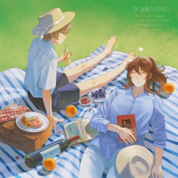 1boy 1girl barefoot black_shorts blonde_hair book bottle breasts brown_hair bug butterfly cherry closed_eyes commentary cup donut drinking_glass english_commentary food fruit grapes hat highres holding holding_bottle insect large_breasts lying nakano_kaworu on_back open_book orange_hair original picnic picnic_basket picnic_blanket plate ponytail shirt shorts sitting sleeping sleeves_rolled_up unworn_hat unworn_headwear white_shirt wine_bottle wine_glass