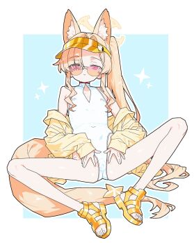 1girl above-cleavage_cutout animal_ear_fluff animal_ears blonde_hair blue_archive clothing_cutout covered_erect_nipples covered_navel covered_pussy cross_halo diamond_cutout extra_ears flat_chest fox_ears fox_girl full_body gladiator_sandals halo highleg highleg_one-piece_swimsuit highres jacket loli long_hair looking_at_viewer m_legs matuo3232 official_alternate_costume one-piece_swimsuit orange-tinted_eyewear partially_visible_vulva presenting_own_pussy pussy pussy_peek sandals seia_(blue_archive) seia_(swimsuit)_(blue_archive) side_ponytail solo spread_legs spread_pussy spread_pussy_under_clothes spreading_own_pussy sunglasses swimsuit tinted_eyewear visor_cap white_one-piece_swimsuit yellow_halo yellow_jacket yellow_sandals yellow_visor_cap