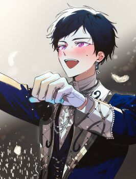 1boy blue_hair blush buttons clenched_hand earrings eichi_turnr ensemble_stars! feathers fushimi_yuzuru highres jewelry lapels long_sleeves male_focus official_alternate_costume open_mouth purple_eyes short_hair smile solo sweat teeth upper_body upper_teeth_only