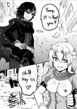 2girls breasts english_text monochrome multiple_girls nipples ruby_rose rwby smile yang_xiao_long