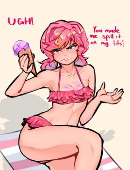 ! ashytown bikini doki_doki_literature_club english_text food ice_cream looking_at_viewer natsuki_(doki_doki_literature_club) pink_bikini pink_hair swimsuit tagme