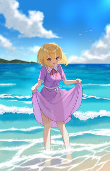 1girl :d absurdres barefoot beach bird blonde_hair blush breasts cloud cloudy_sky collared_dress contrast_collar day dress dress_ribbon facing_viewer hair_between_eyes highres hill long_dress maribel_hearn no_headwear ocean open_mouth purple_dress red_ribbon ribbon sash see-through_clothes shiro_(user_1048334293) short_hair short_sleeves skirt_hold sky sleeve_cuffs smile solo standing touhou wading waves white_ribbon white_sash yellow_eyes
