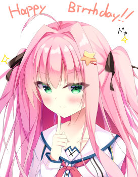 >:) 1girl absurdres ahoge black_ribbon blush closed_mouth collarbone commentary_request doyagao eyes_visible_through_hair finger_to_own_chin green_eyes hair_between_eyes hair_intakes hair_ornament hair_ribbon hand_up happy_birthday highres index_finger_raised long_hair long_sleeves looking_at_viewer neckerchief pink_hair pink_neckerchief ribbon sailor_collar school_uniform select_oblige serafuku shirt sidelocks simple_background smile smug solo sparkle star_(symbol) star_hair_ornament takkyan two_side_up upper_body v-shaped_eyebrows white_background white_sailor_collar white_shirt yato_kukuru