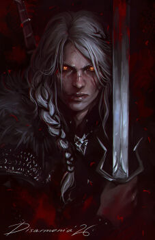 1girl armor braid braided_ponytail ciri facial_scar glowing glowing_eyes grey_hair highres holding holding_sword holding_weapon long_hair long_sleeves looking_at_viewer scar scar_on_cheek scar_on_face signature solo sword the_witcher_(series) the_witcher_4 upper_body veronica_anrathi weapon yellow_eyes