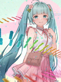 1girl ahoge amayomiyu aqua_eyes bag blue_hair blunt_bangs blush closed_mouth commentary cowboy_shot emphasis_lines flower_hairpin frilled_shirt frilled_skirt frills hair_intakes hatsune_miku looking_at_viewer melt_(vocaloid) neck_ribbon piano_keys pink_ribbon pink_skirt pleated_skirt rainbow_order ribbon shirt shoulder_bag single_tooth skirt sleeveless smile solo twintails twitter_username vocaloid white_shirt