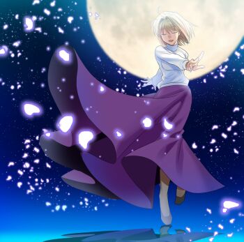1girl ahoge akariya_kuubu arcueid_brunestud arm_behind_back arm_up blonde_hair closed_eyes floating_clothes floating_hair full_moon long_skirt moon night open_hands petals purple_skirt reflection reflective_floor shoes short_hair skirt sky smile solo_focus star_(sky) starry_sky sweater tsukihime turtleneck turtleneck_sweater walking white_sweater