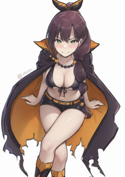 1girl absurdres arm_support artist_name belt bikini bikini_top_only black_bikini black_cloak black_ribbon black_shorts breasts brown_hair chascoby cloak closed_mouth commentary crossed_legs feet_out_of_frame front-tie_bikini_top front-tie_top full_cleavage green_eyes hair_between_eyes hair_ribbon high_ponytail highres invisible_chair large_breasts light_blush long_hair looking_at_viewer multi-tied_hair navel orange_belt orange_cloak orange_ribbon ponytail re:zero_kara_hajimeru_isekai_seikatsu ribbon shaula_(re:zero) short_shorts shorts simple_background sitting smile solo split_mouth star_(symbol) swimsuit torn_cloak torn_clothes two-sided_cloak two-sided_fabric two-tone_cloak two-tone_ribbon v-shaped_eyebrows very_long_hair white_background