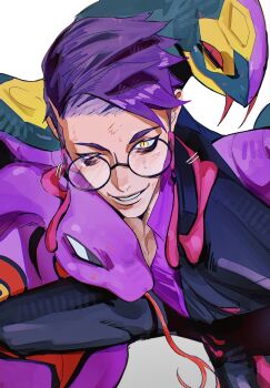 1boy arbok black-framed_eyewear black_jacket black_pants corbeau_(pokemon) formal_clothes gen_1_pokemon gen_3_pokemon glasses highres jacket male_focus nintendo pants pokemon pokemon_legends:_z-a purple_hair purple_shirt round_eyewear seviper shirt short_hair shu0718 smile solo squatting suit suit_jacket undercut yellow_eyes